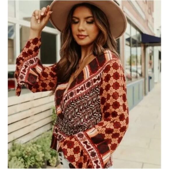 Free People Rosalie Wrap V Neck Top Mixed Media Boho Peasant Flowy M - Picture 6 of 8